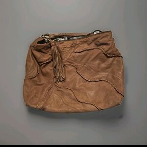 Junior Drake Tan Soft Leather Large Hobo Bag With Tassel Charm Boho Western